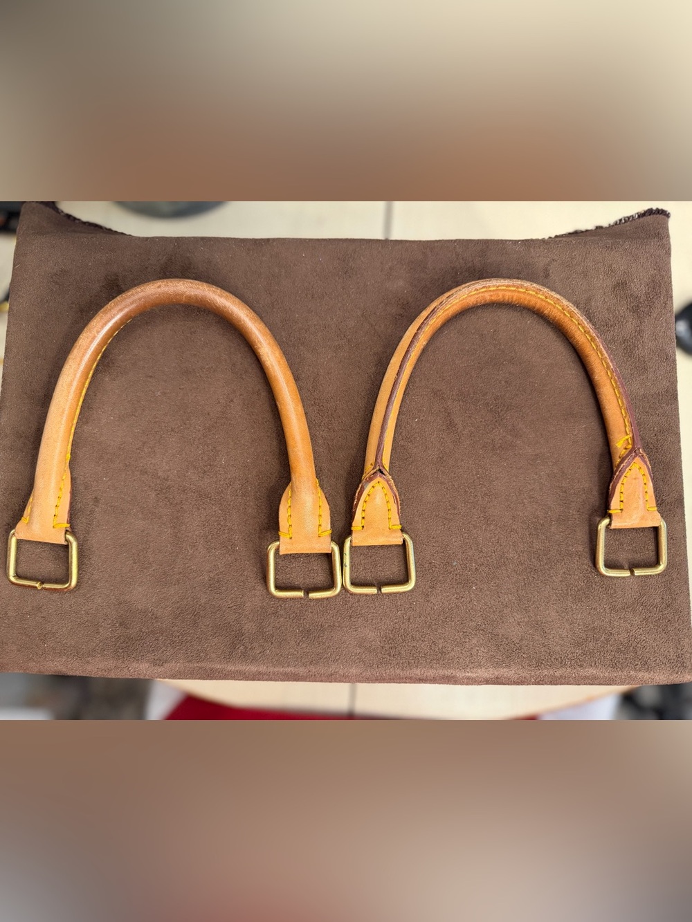 Tan Leather Bag Handles with Gold-tone Brass Hardware